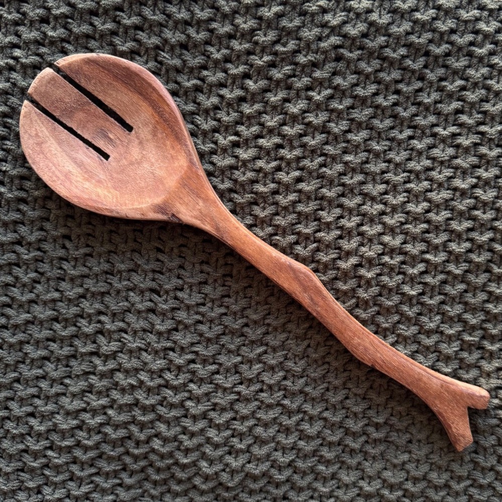Hand Carved Wooden Serving‎ Spoon Slotted 11 Inch Rustic Branch Organic Earthy